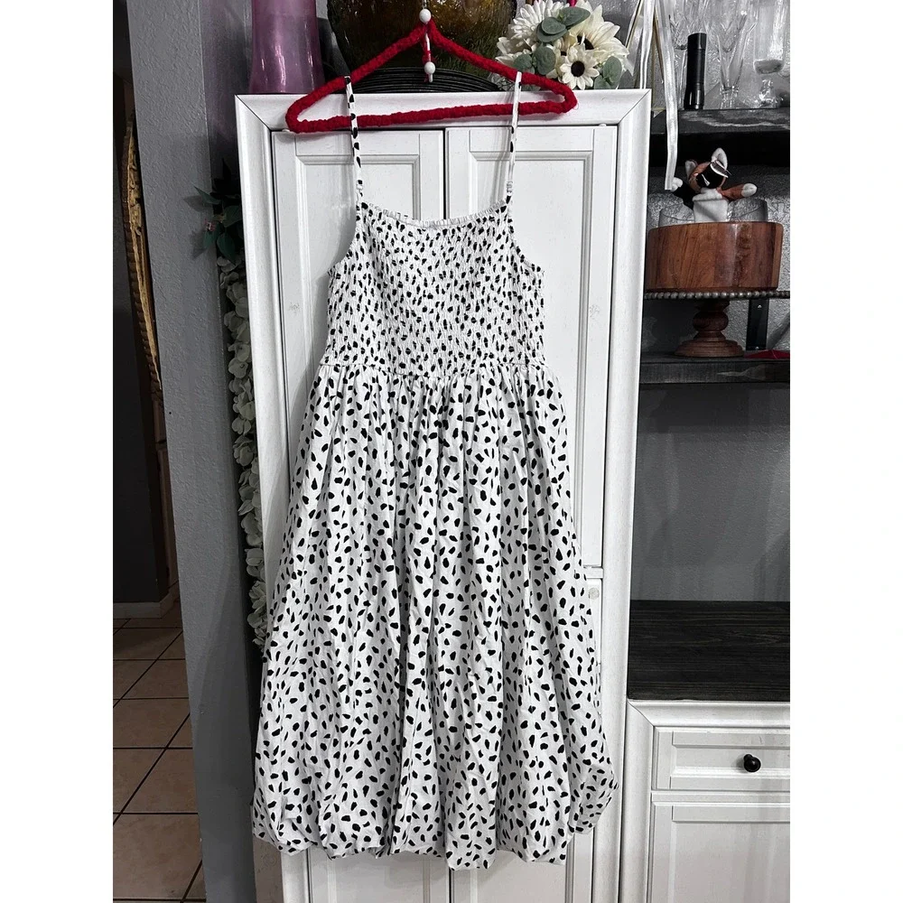 Black White Spotted Smocked Bubble Hem Midi Dress Medium Stretchy Spring Summer